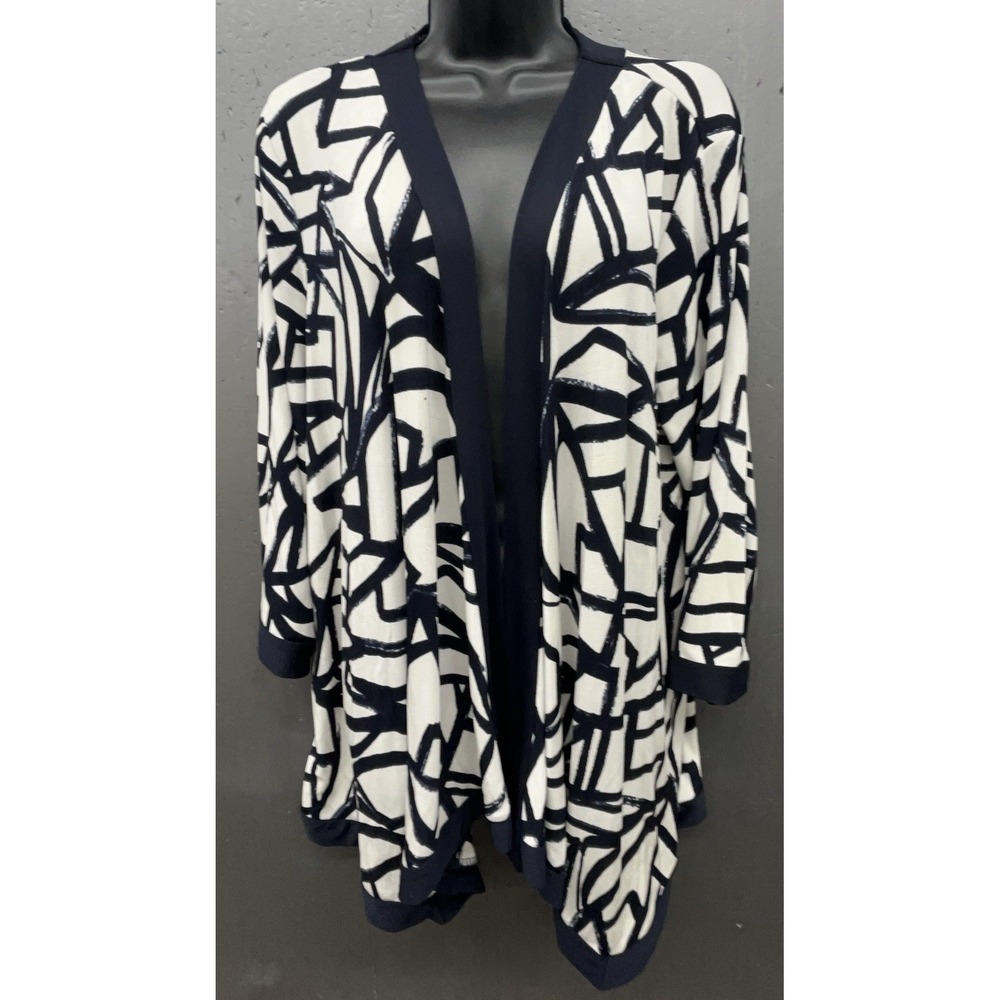 Chicos Travelers Jacket Sz 3 /XL Black White Geometric Open Stretch Casual Chic